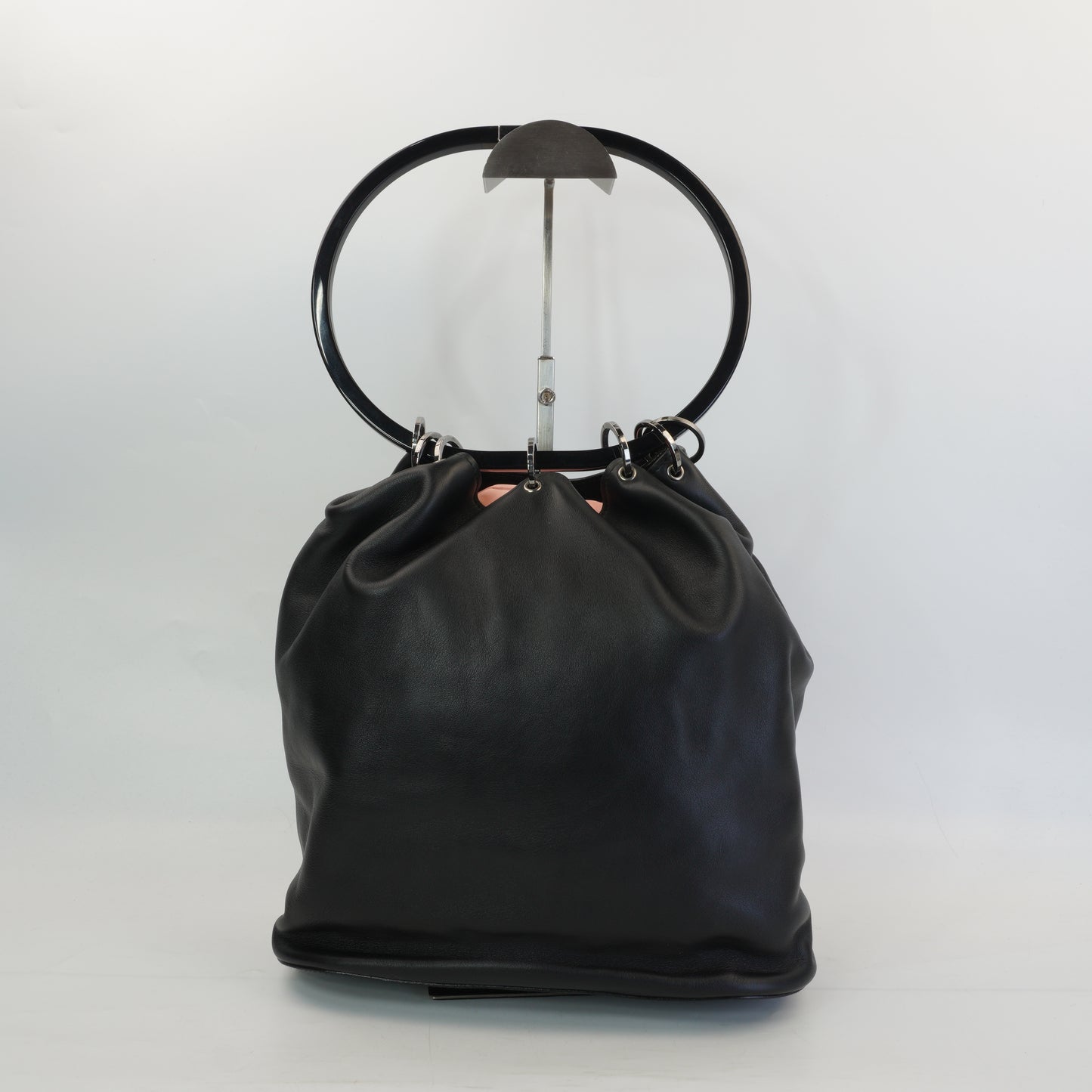 Gucci Calfskin Ring Bucket Bag Black MHW Medium