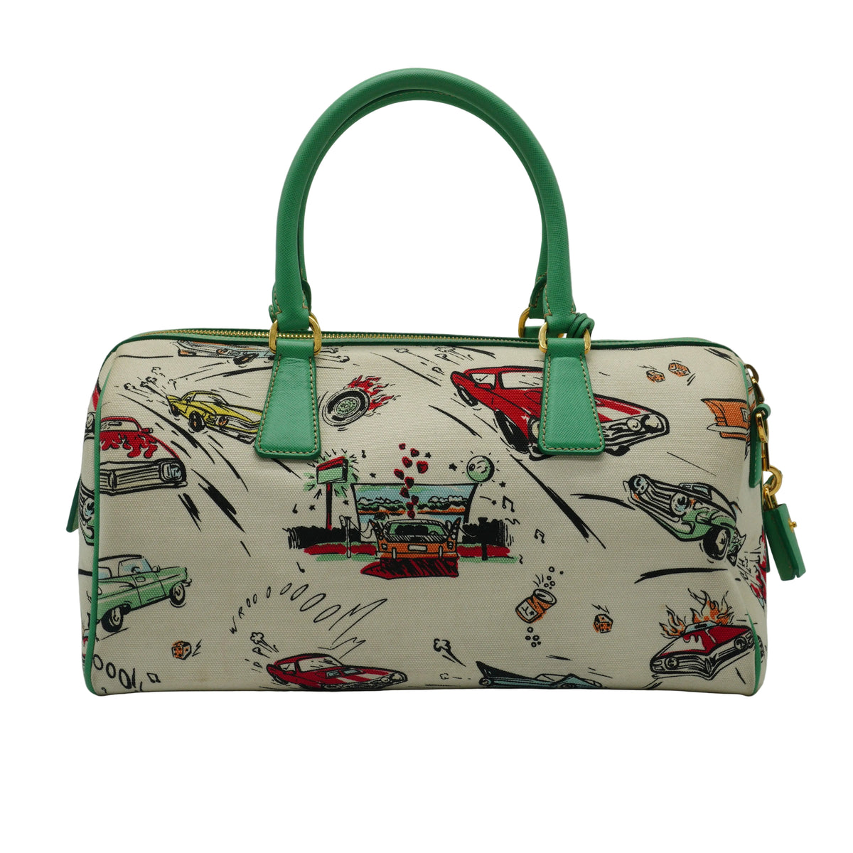 Prada Car Print  Canvas Bowling Bag Medium GHW