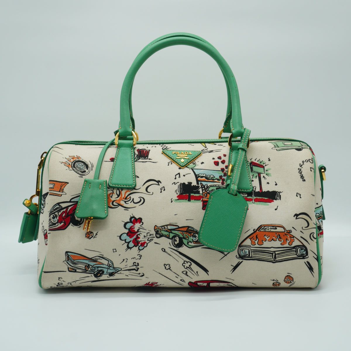 Prada Car Print  Canvas Bowling Bag Medium GHW