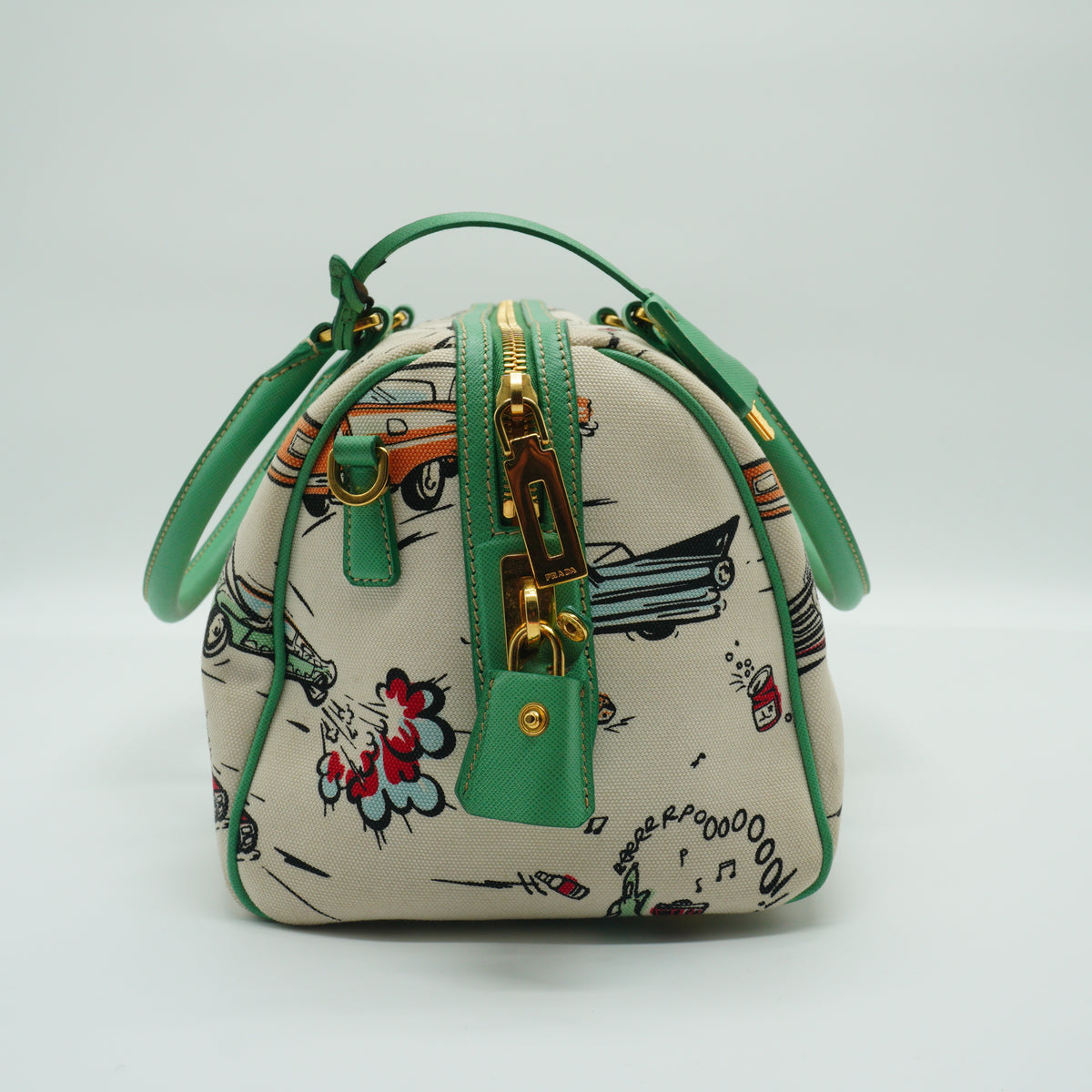 Prada Car Print  Canvas Bowling Bag Medium GHW