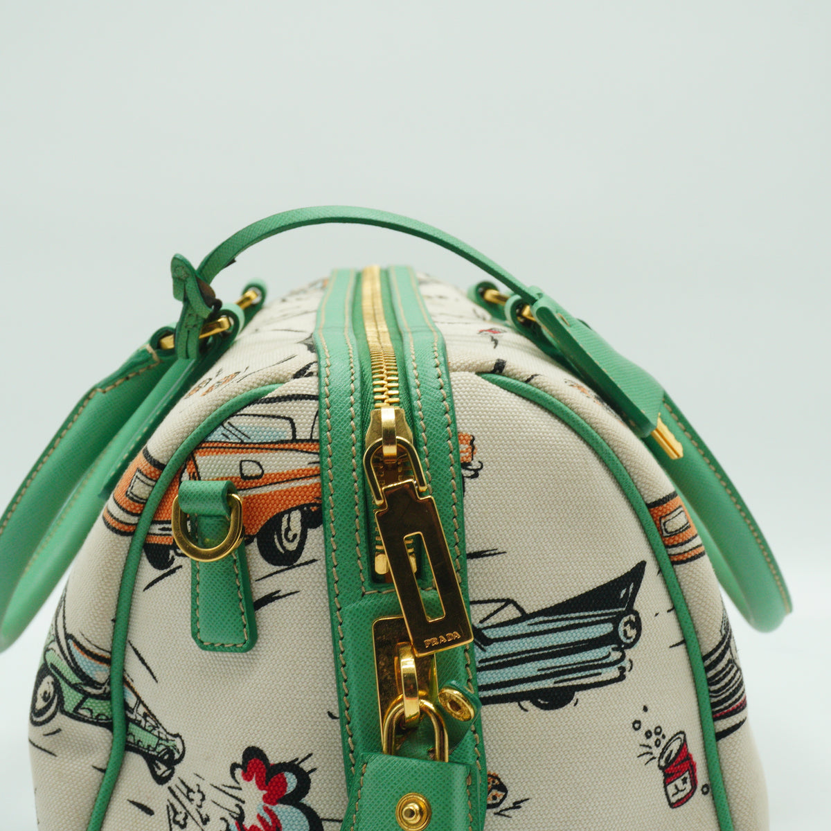 Prada Car Print  Canvas Bowling Bag Medium GHW