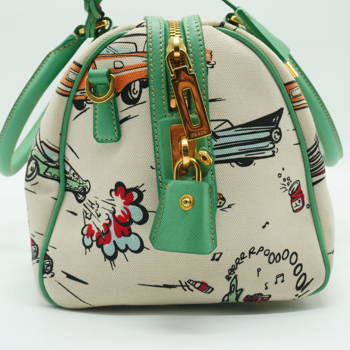 Prada Car Print  Canvas Bowling Bag Medium GHW