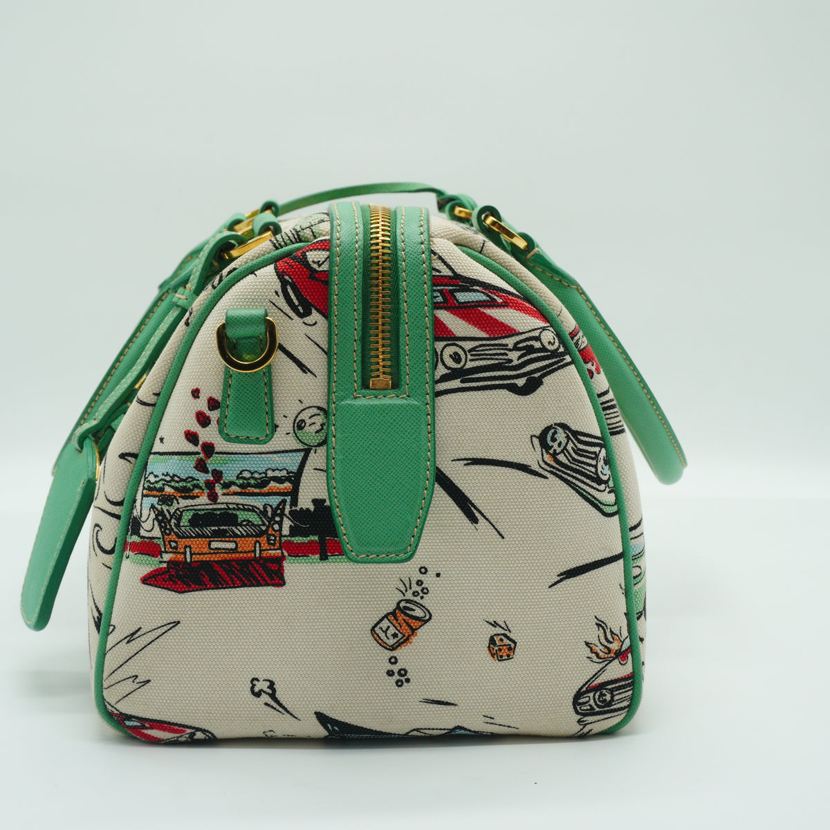 Prada Car Print  Canvas Bowling Bag Medium GHW