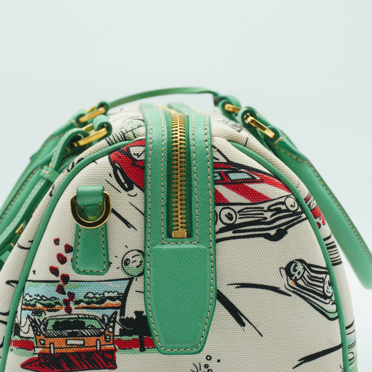 Prada Car Print  Canvas Bowling Bag Medium GHW