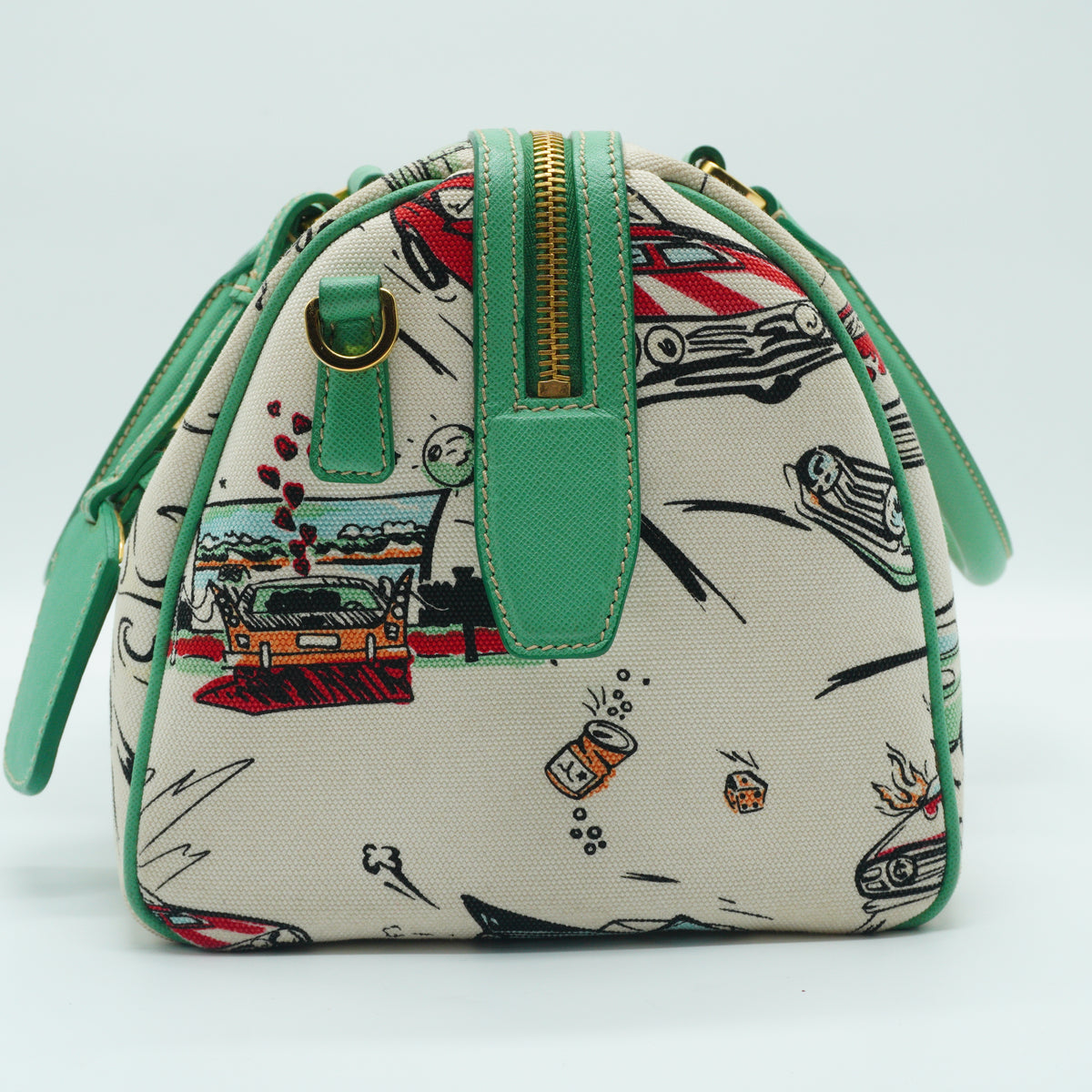 Prada Car Print  Canvas Bowling Bag Medium GHW