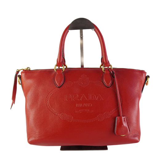 Prada Embossed Logo Tote Bag Red
