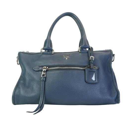 Prada Vitello Phenix Zip Top Satchel Blue SHW Large
