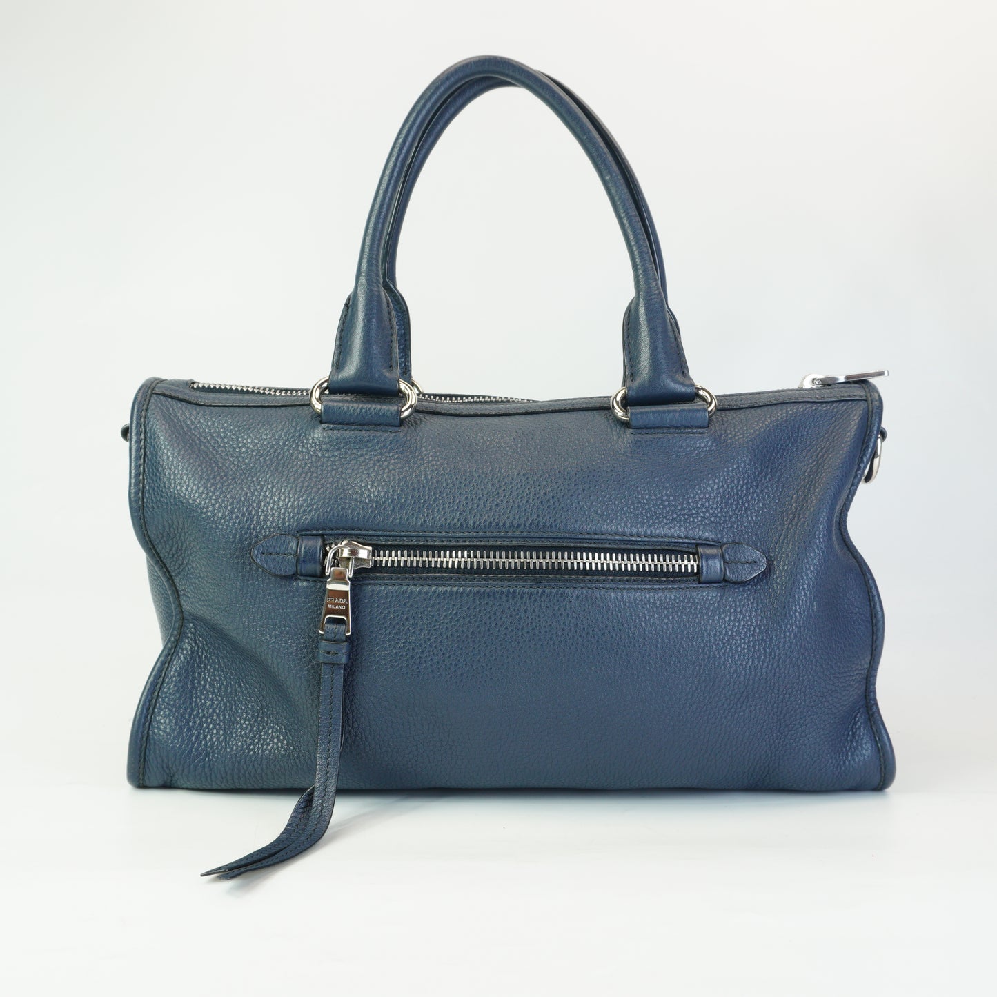 Prada Vitello Phenix Zip Top Satchel Blue SHW Large
