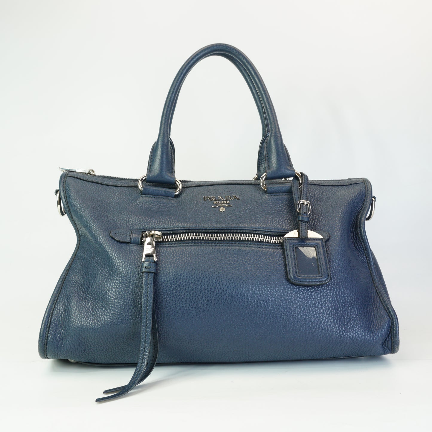 Prada Vitello Phenix Zip Top Satchel Blue SHW Large