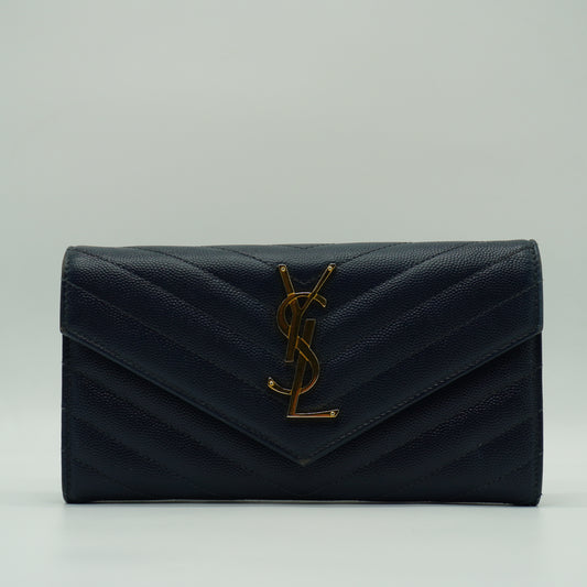 YSL	Cassandra Monogram Large Flap Wallet Navy Blue GHW