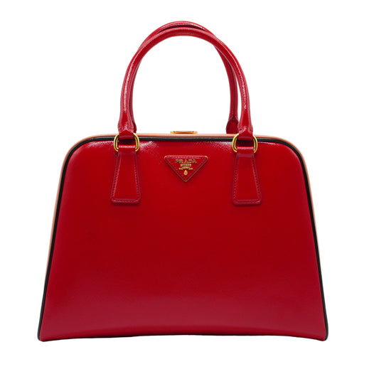 Prada Saffiano Vernice Pyramid Frame Top Handle Bag GHW Medium