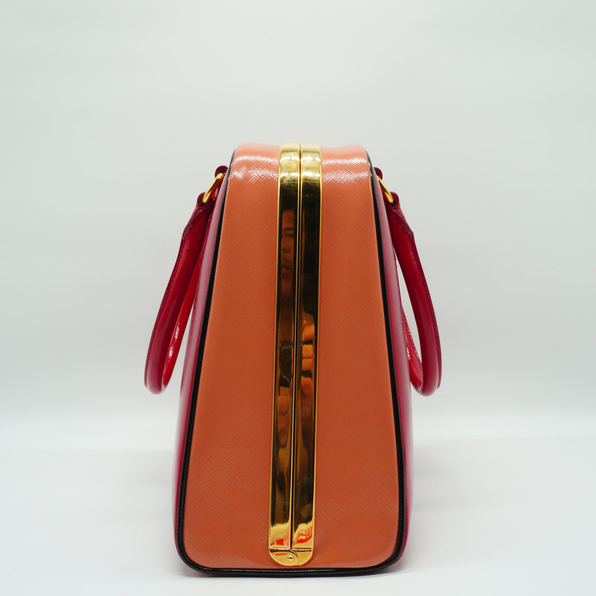 Prada Saffiano Vernice Pyramid Frame Top Handle Bag GHW Medium