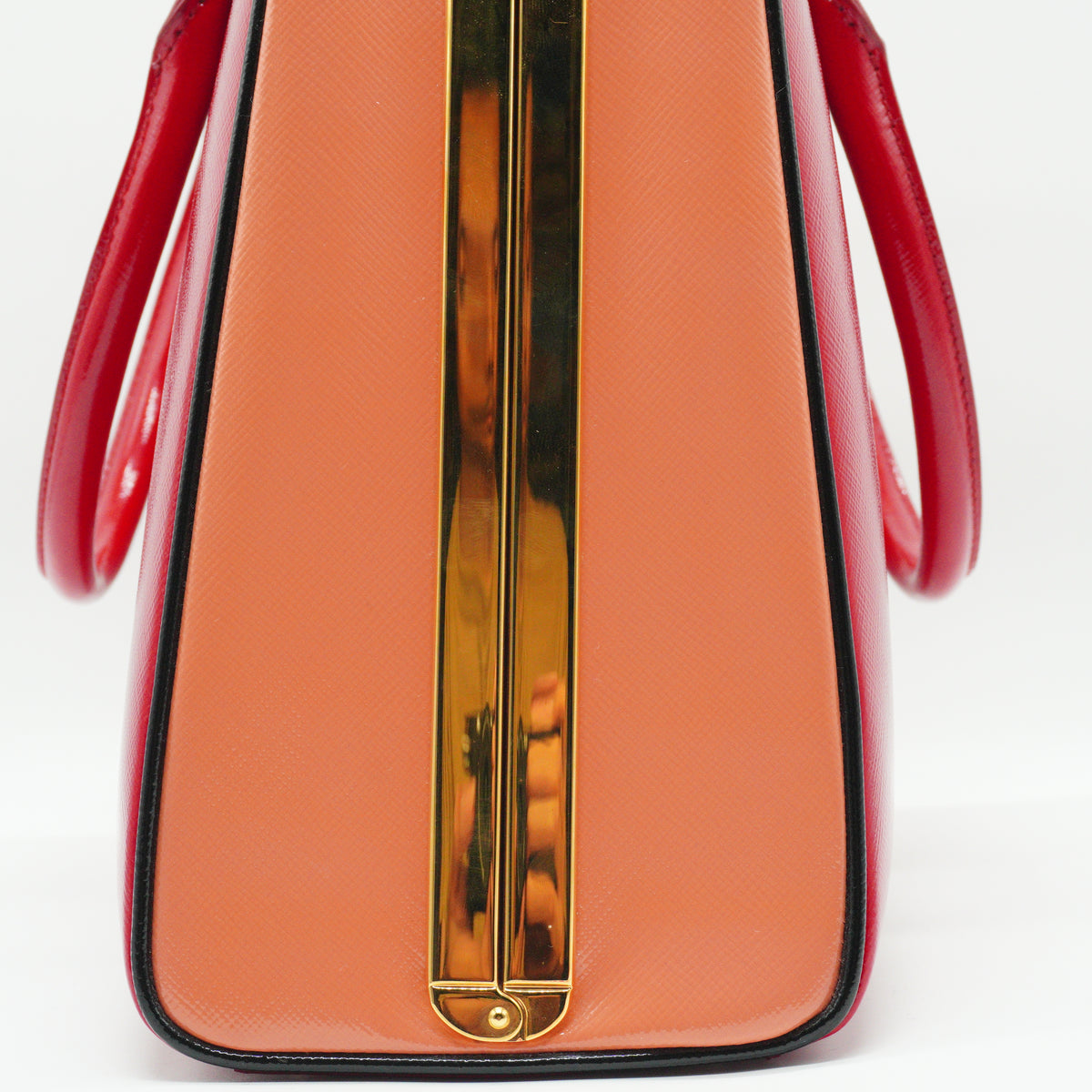 Prada Saffiano Vernice Pyramid Frame Top Handle Bag GHW Medium