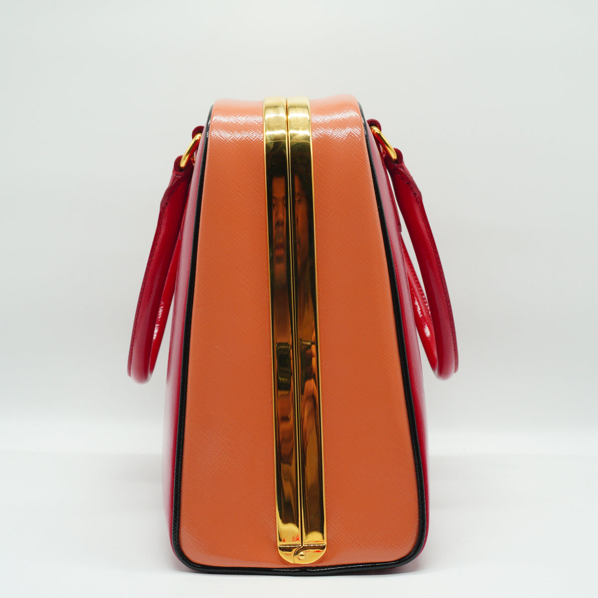 Prada Saffiano Vernice Pyramid Frame Top Handle Bag GHW Medium