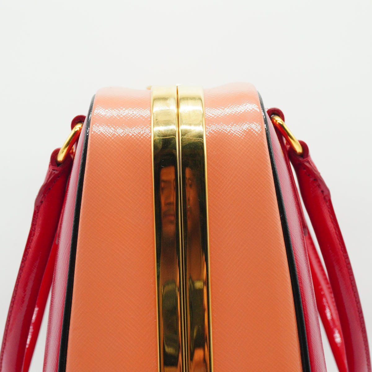 Prada Saffiano Vernice Pyramid Frame Top Handle Bag GHW Medium