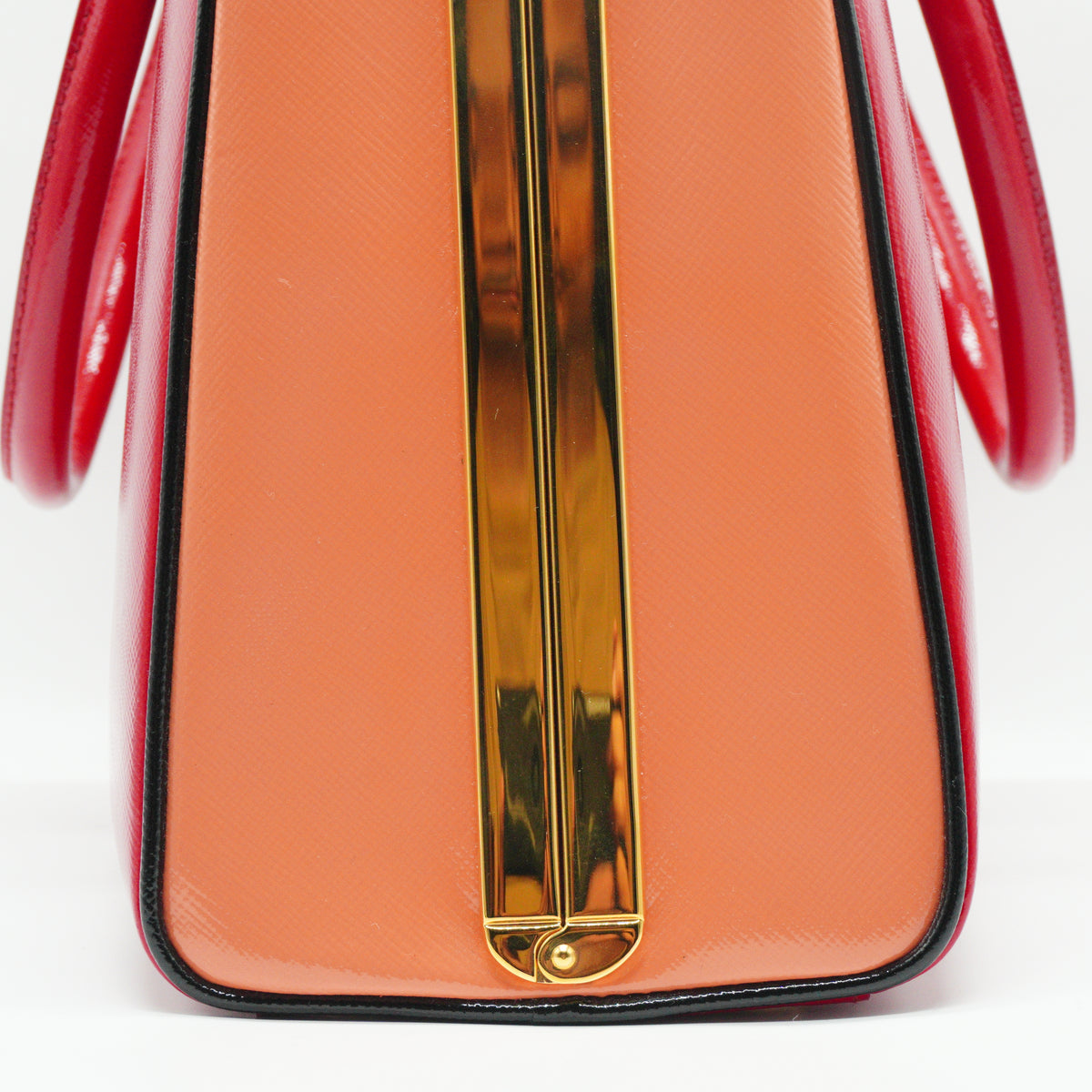 Prada Saffiano Vernice Pyramid Frame Top Handle Bag GHW Medium
