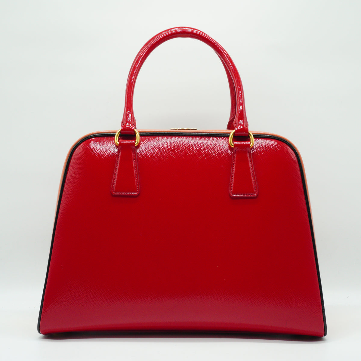Prada Saffiano Vernice Pyramid Frame Top Handle Bag GHW Medium