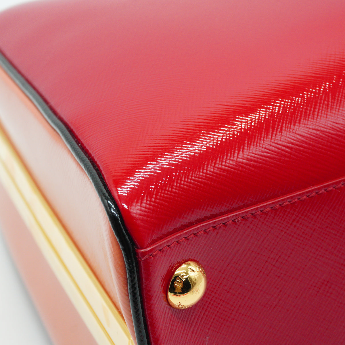 Prada Saffiano Vernice Pyramid Frame Top Handle Bag GHW Medium