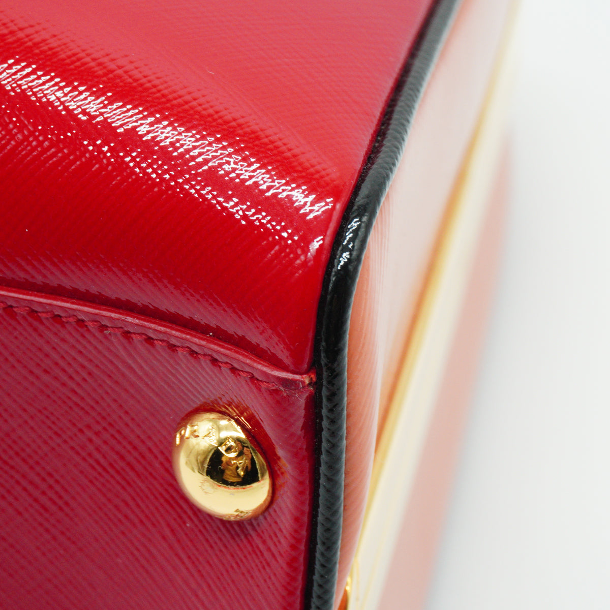 Prada Saffiano Vernice Pyramid Frame Top Handle Bag GHW Medium
