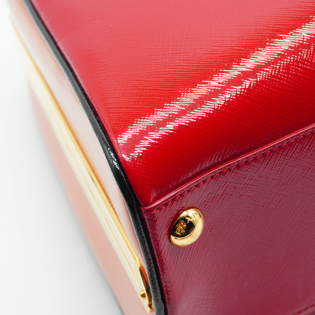 Prada Saffiano Vernice Pyramid Frame Top Handle Bag GHW Medium