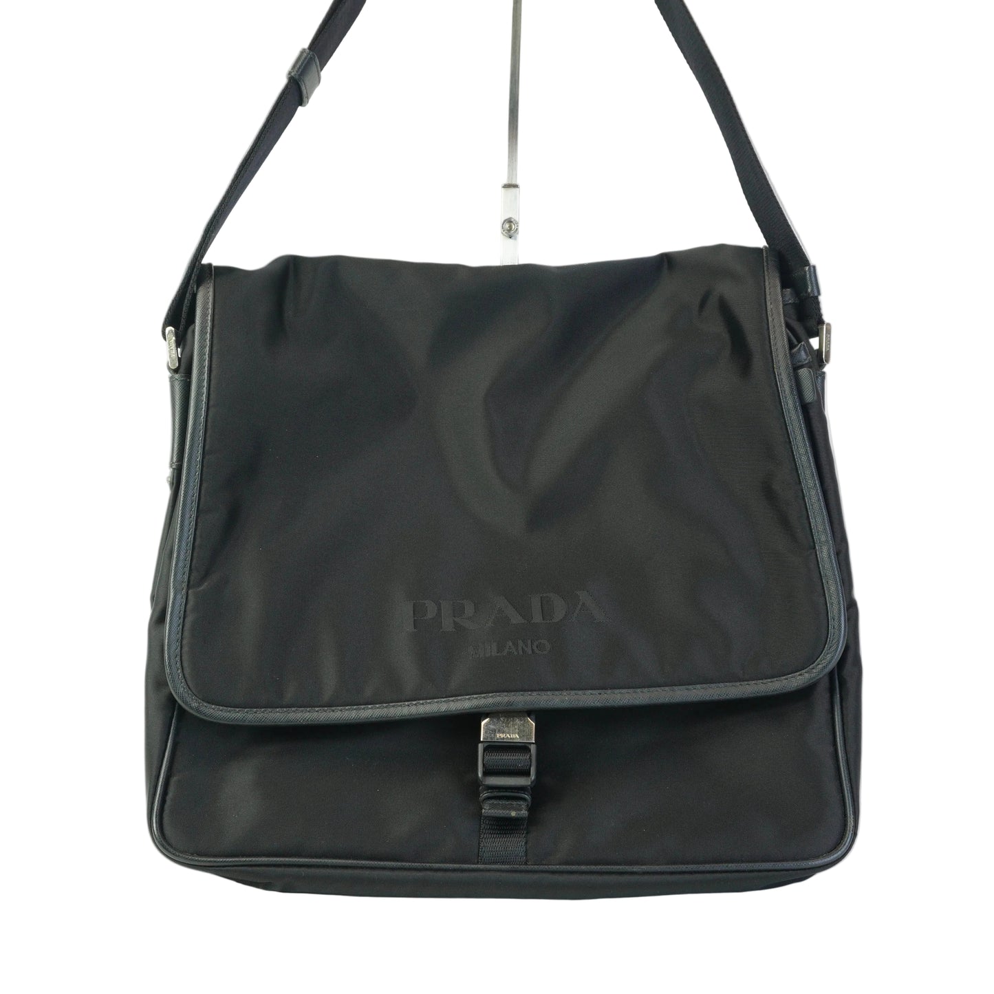Prada Tessuto Nylon Saffiano Lether Messenger Black Bag Medium SHW