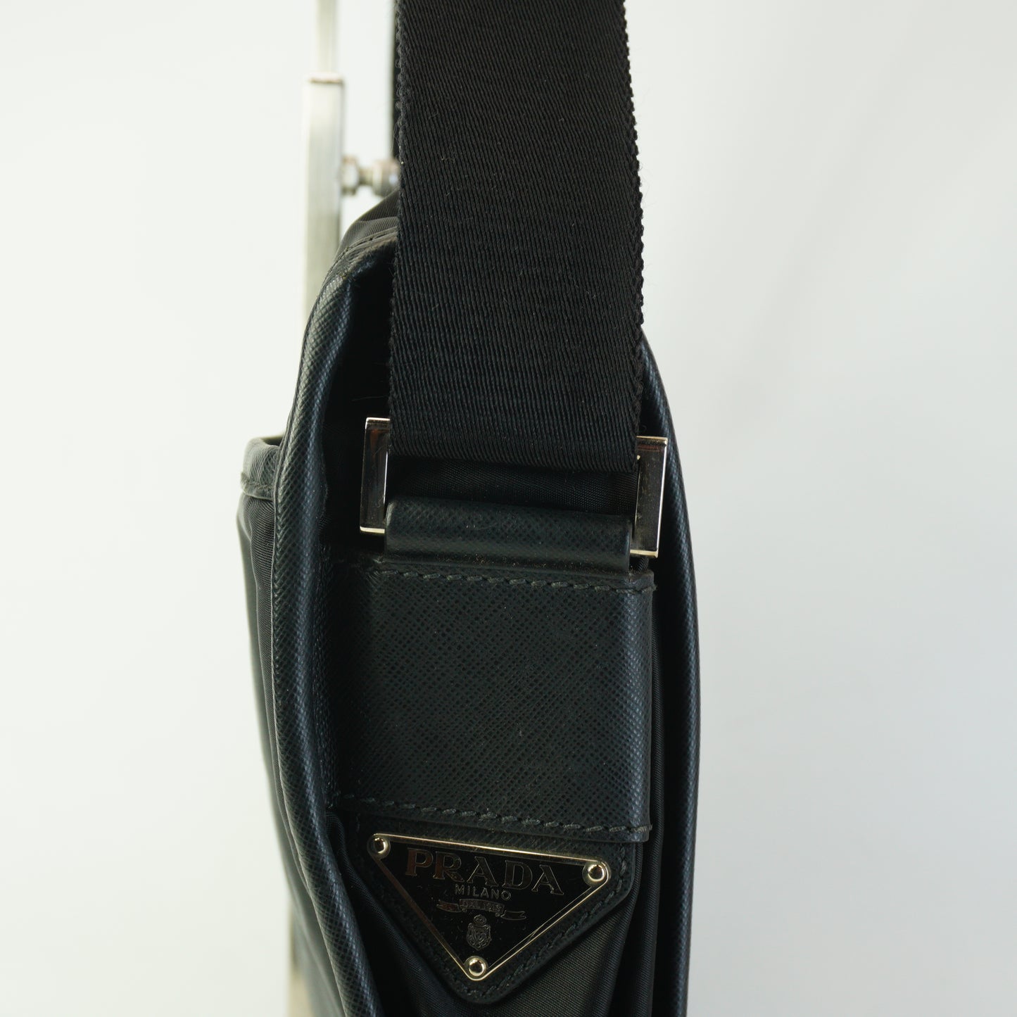 Prada Tessuto Nylon Saffiano Lether Messenger Black Bag Medium SHW