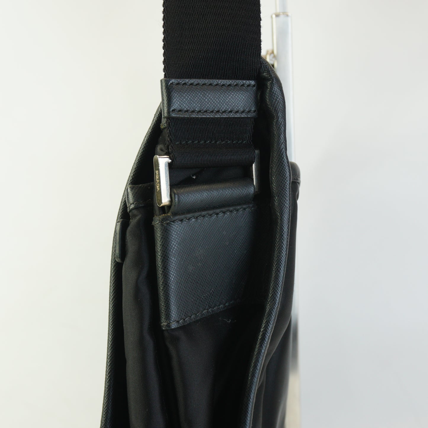 Prada Tessuto Nylon Saffiano Lether Messenger Black Bag Medium SHW