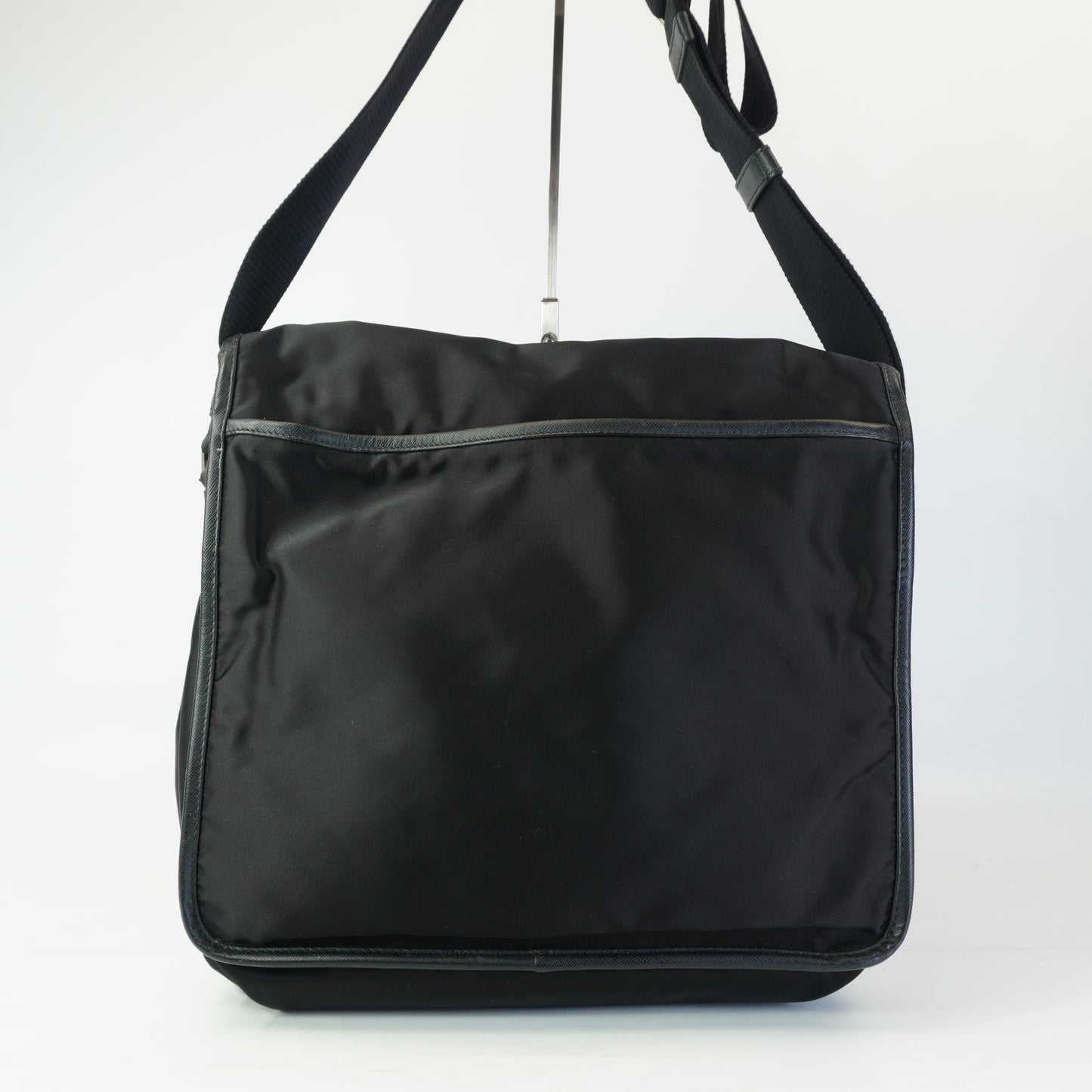 Prada Tessuto Nylon Saffiano Lether Messenger Black Bag Medium SHW