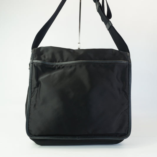 Prada Tessuto Nylon Saffiano Lether Messenger Black Bag Medium SHW