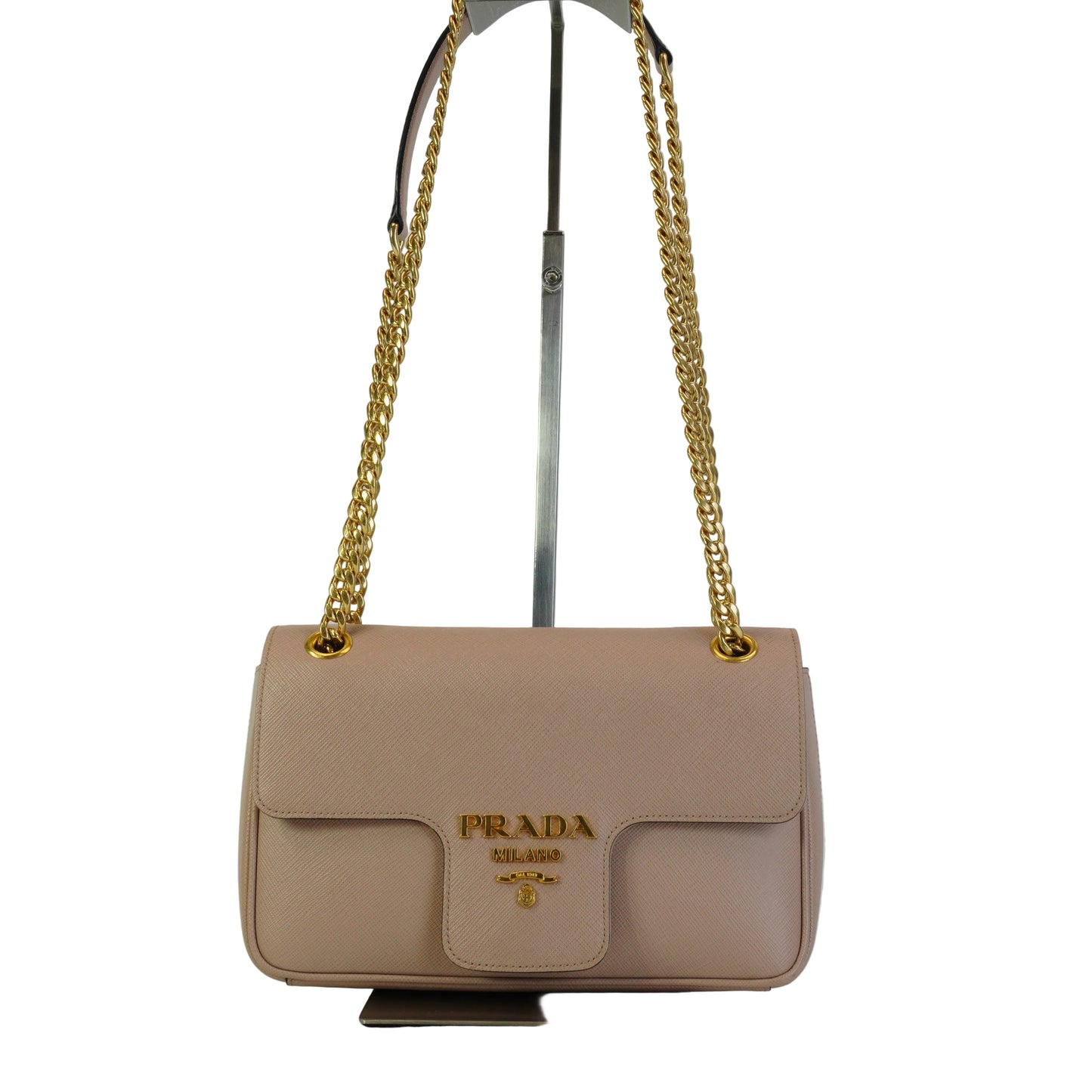 Prada	Pattina Saffiano Leather Flap Shoulder Bag Beige Small GHW