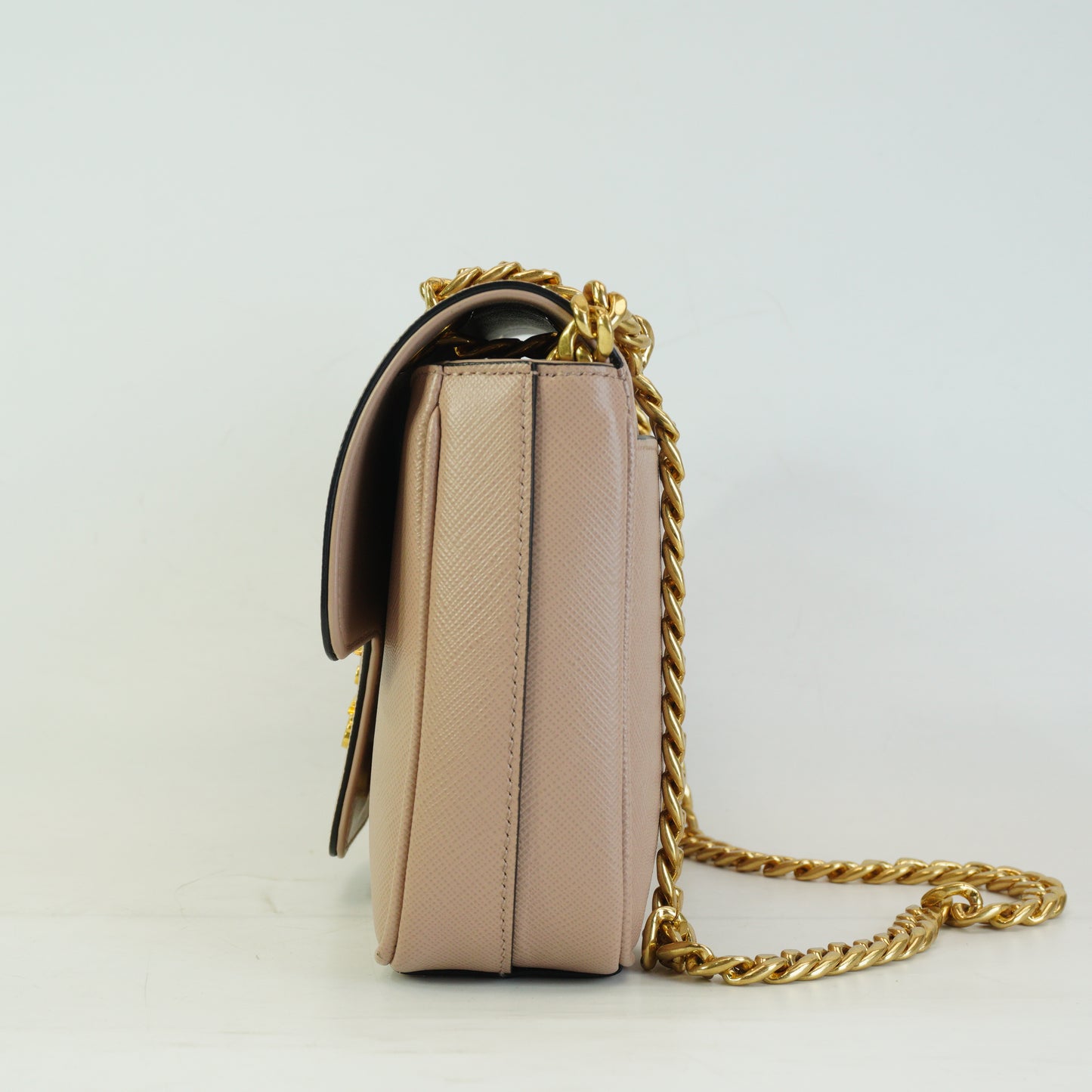 Prada	Pattina Saffiano Leather Flap Shoulder Bag Beige Small GHW