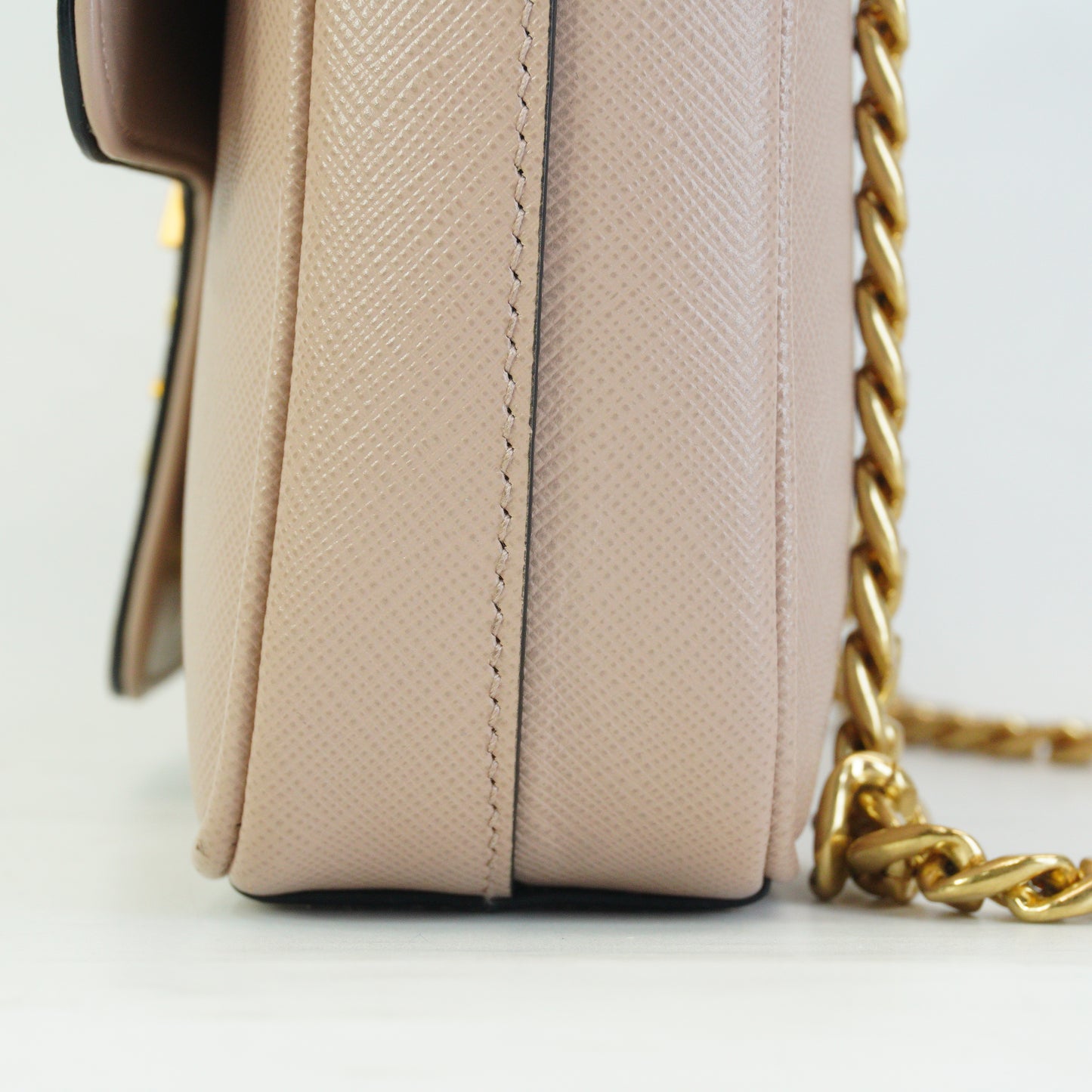 Prada	Pattina Saffiano Leather Flap Shoulder Bag Beige Small GHW
