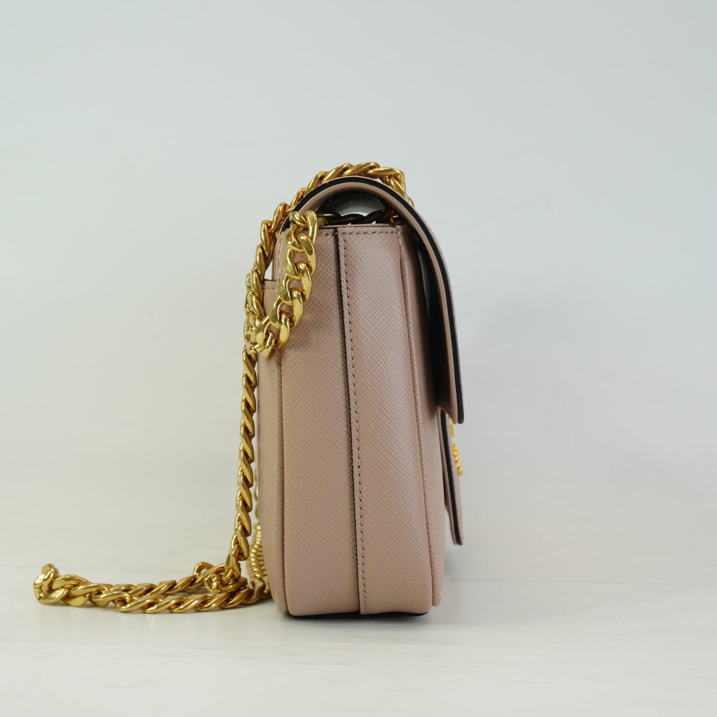 Prada	Pattina Saffiano Leather Flap Shoulder Bag Beige Small GHW