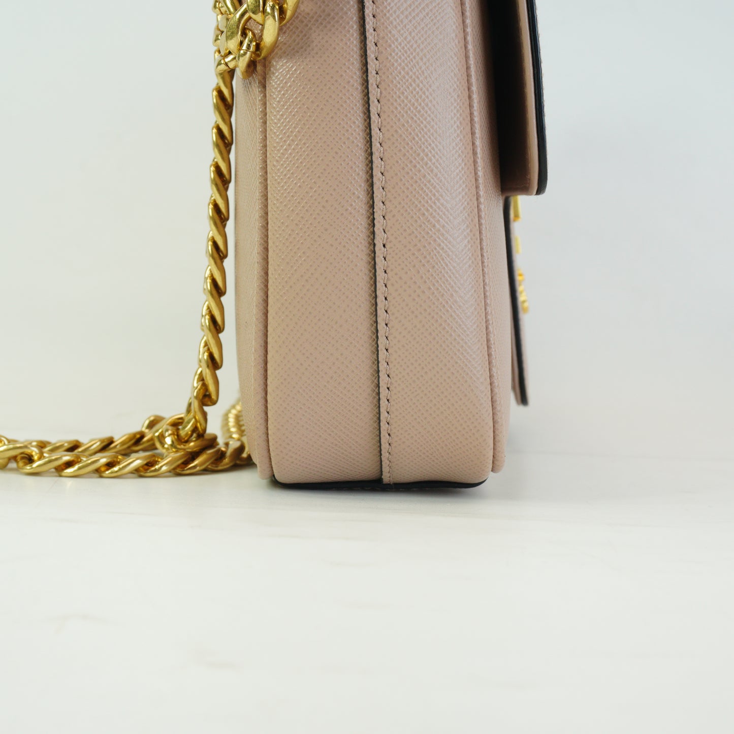 Prada	Pattina Saffiano Leather Flap Shoulder Bag Beige Small GHW