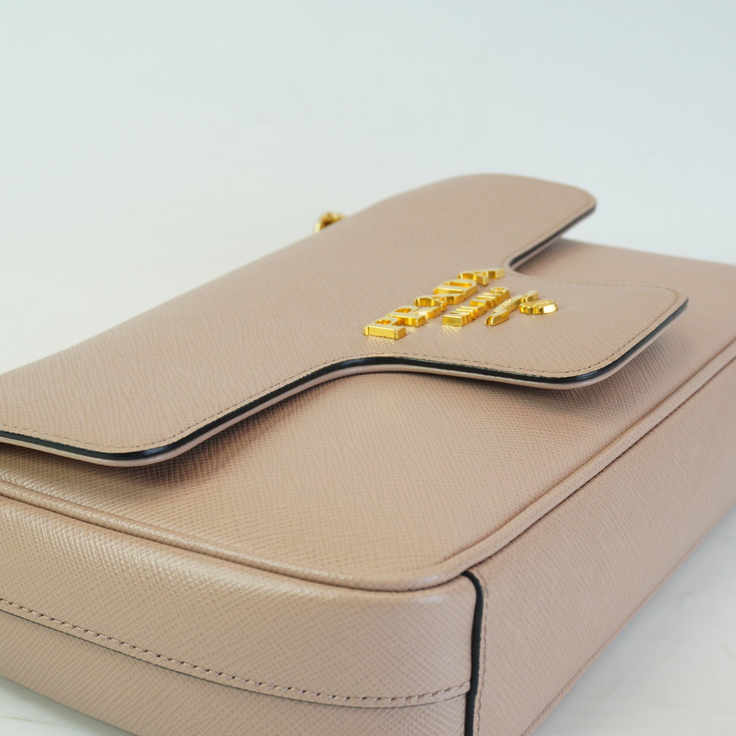 Prada	Pattina Saffiano Leather Flap Shoulder Bag Beige Small GHW