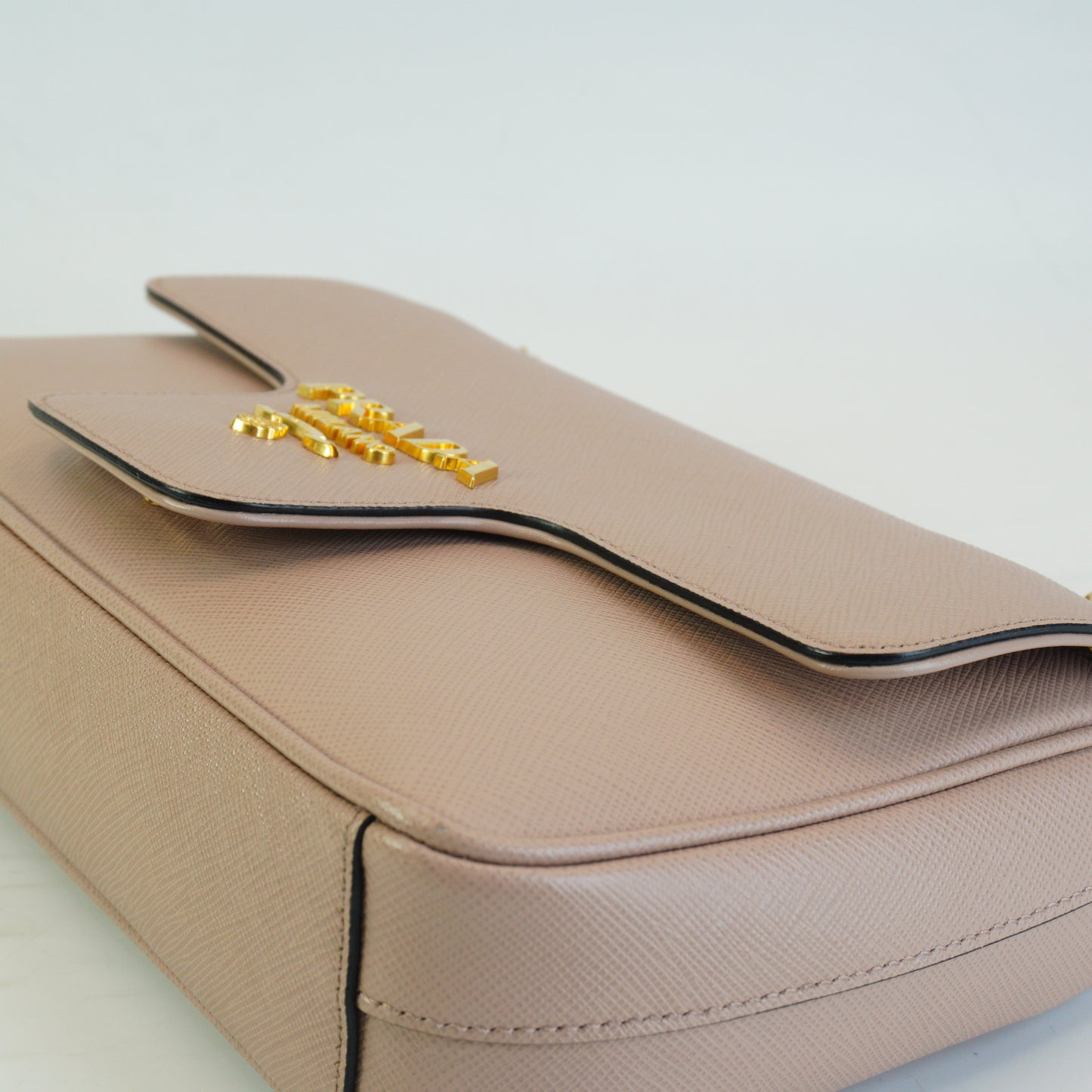 Prada	Pattina Saffiano Leather Flap Shoulder Bag Beige Small GHW