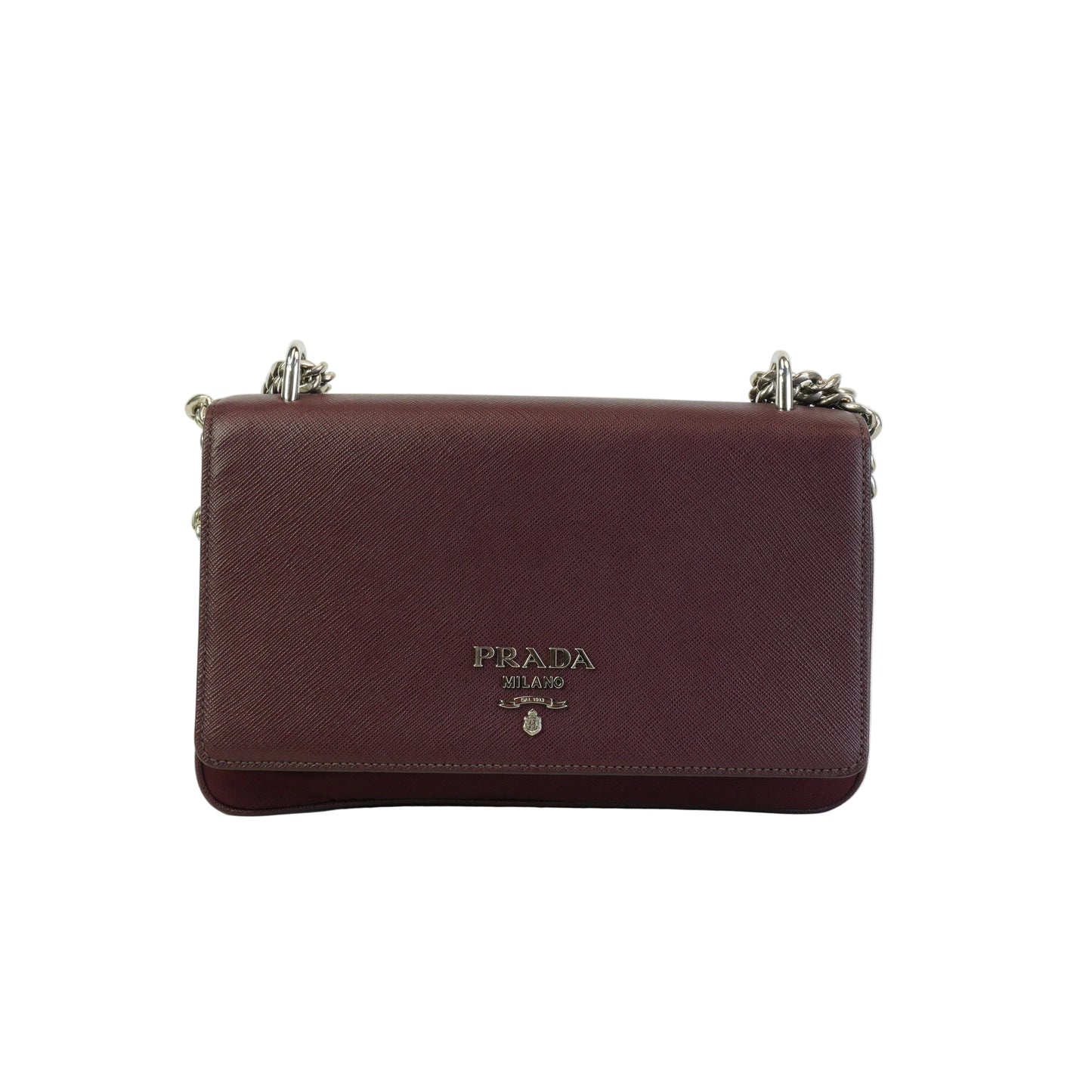 Prada	Tessuto Saffiano Chain Flap Crossbody Bag Burgundy Small SHW