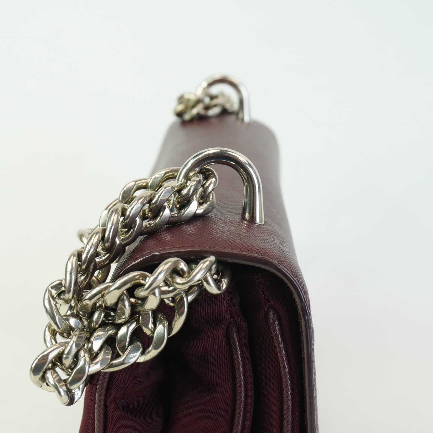 Prada	Tessuto Saffiano Chain Flap Crossbody Bag Burgundy Small SHW