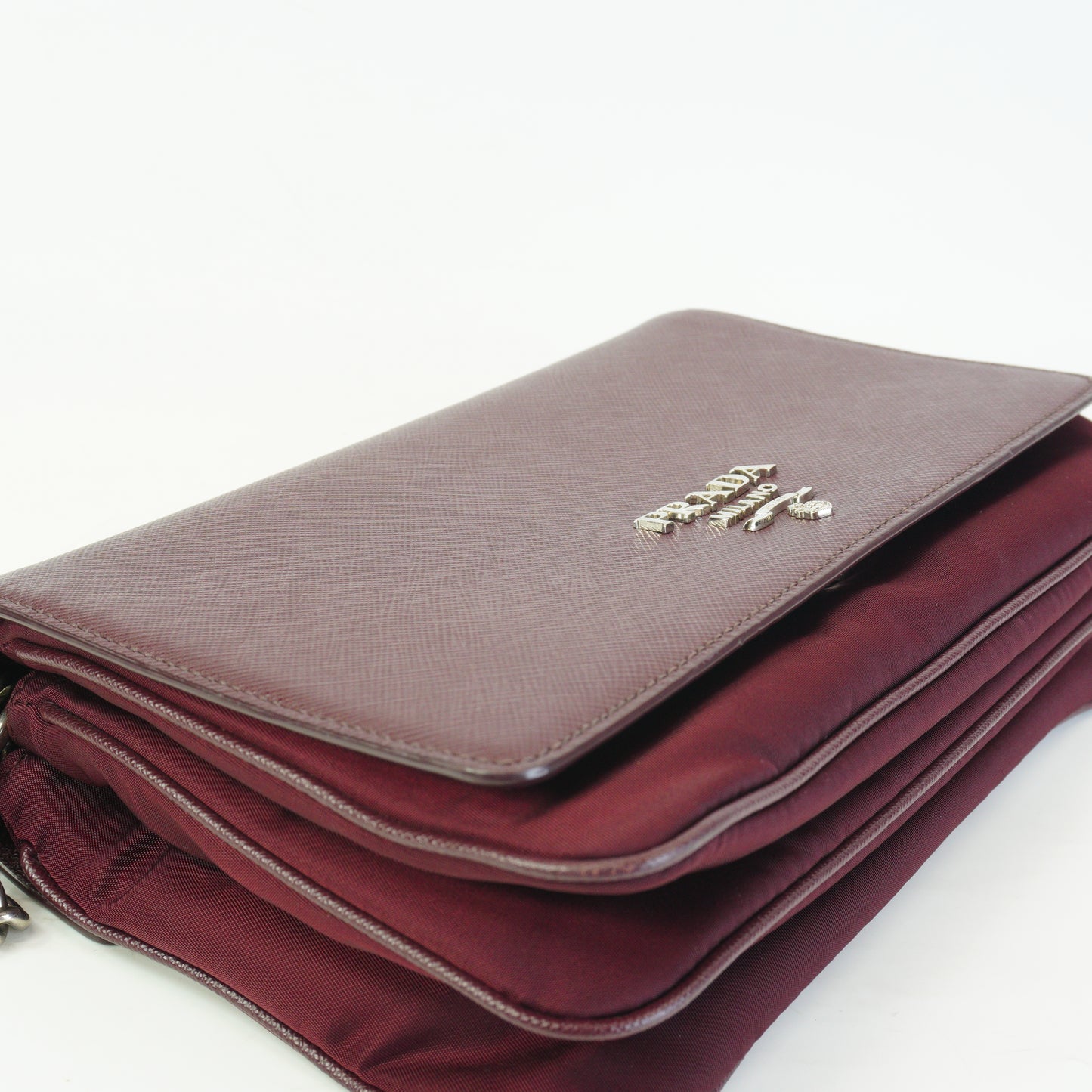 Prada	Tessuto Saffiano Chain Flap Crossbody Bag Burgundy Small SHW