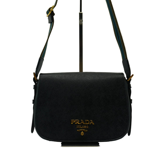 Prada	1BD192 Saffiano Leather Web Strap Flap Crossbody Black Small GHW