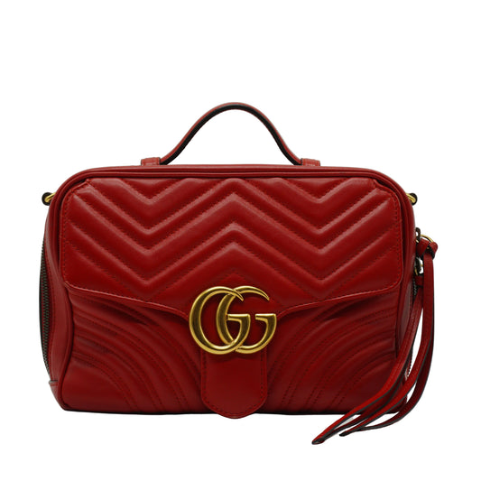 Gucci GG Marmont Matelassé Leather Medium Top Handle Shoulder Bag Red GHW