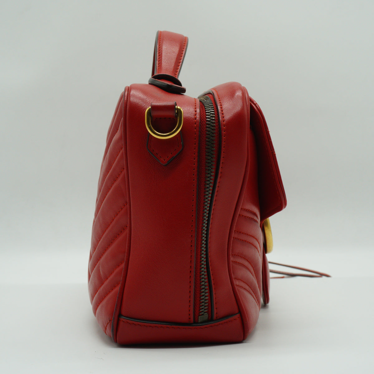 Gucci GG Marmont Matelassé Leather Medium Top Handle Shoulder Bag Red GHW