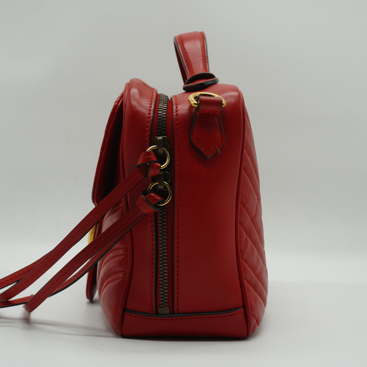 Gucci GG Marmont Matelassé Leather Medium Top Handle Shoulder Bag Red GHW