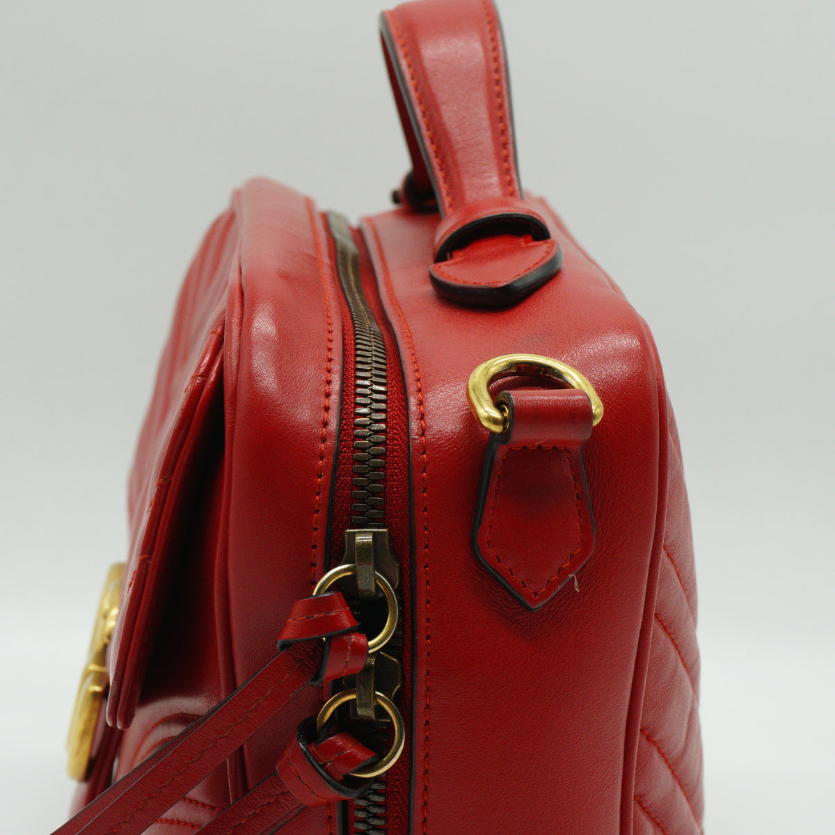 Gucci GG Marmont Matelassé Leather Medium Top Handle Shoulder Bag Red GHW