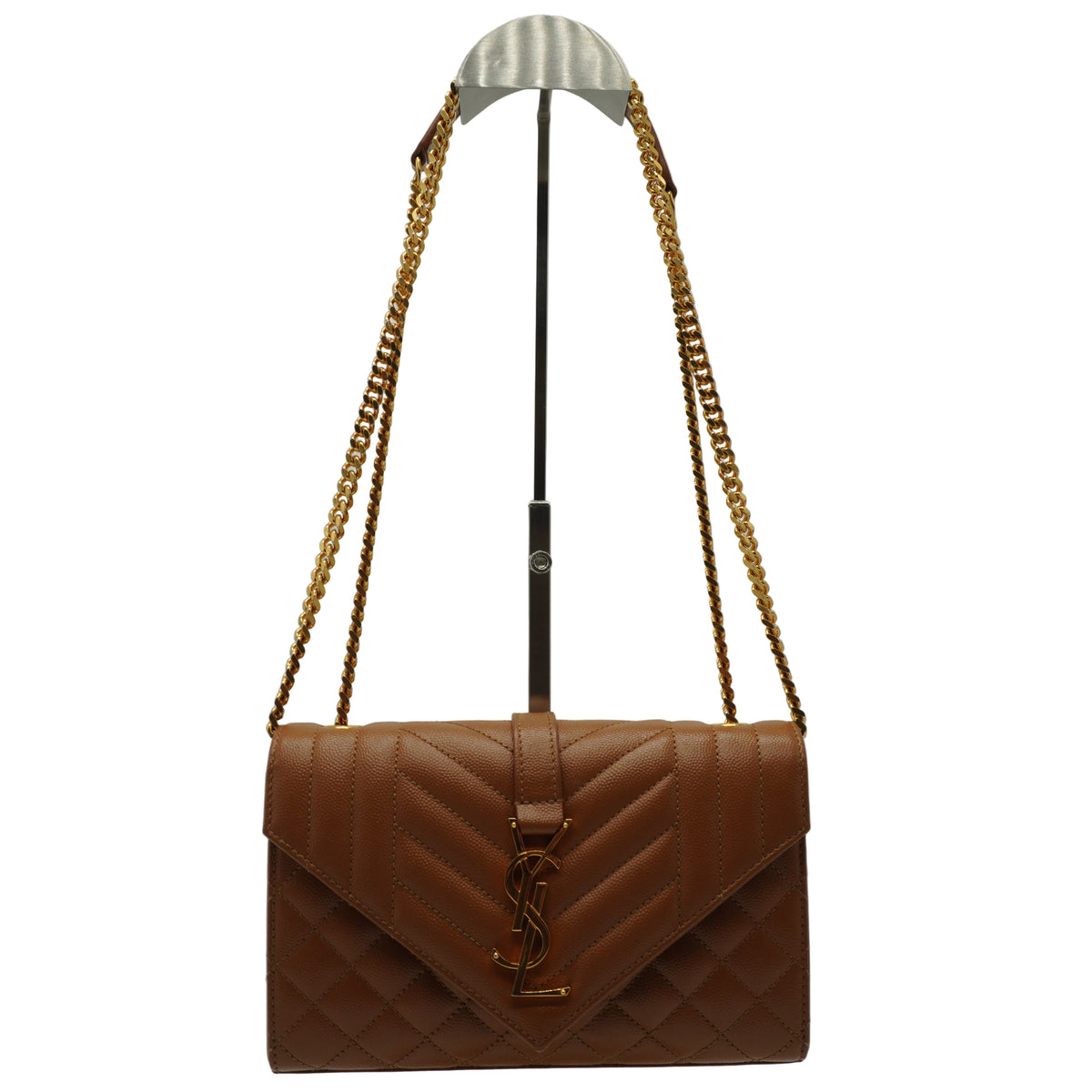YSL	Cassandre Envelope Small Grained Leather Caramel GHW