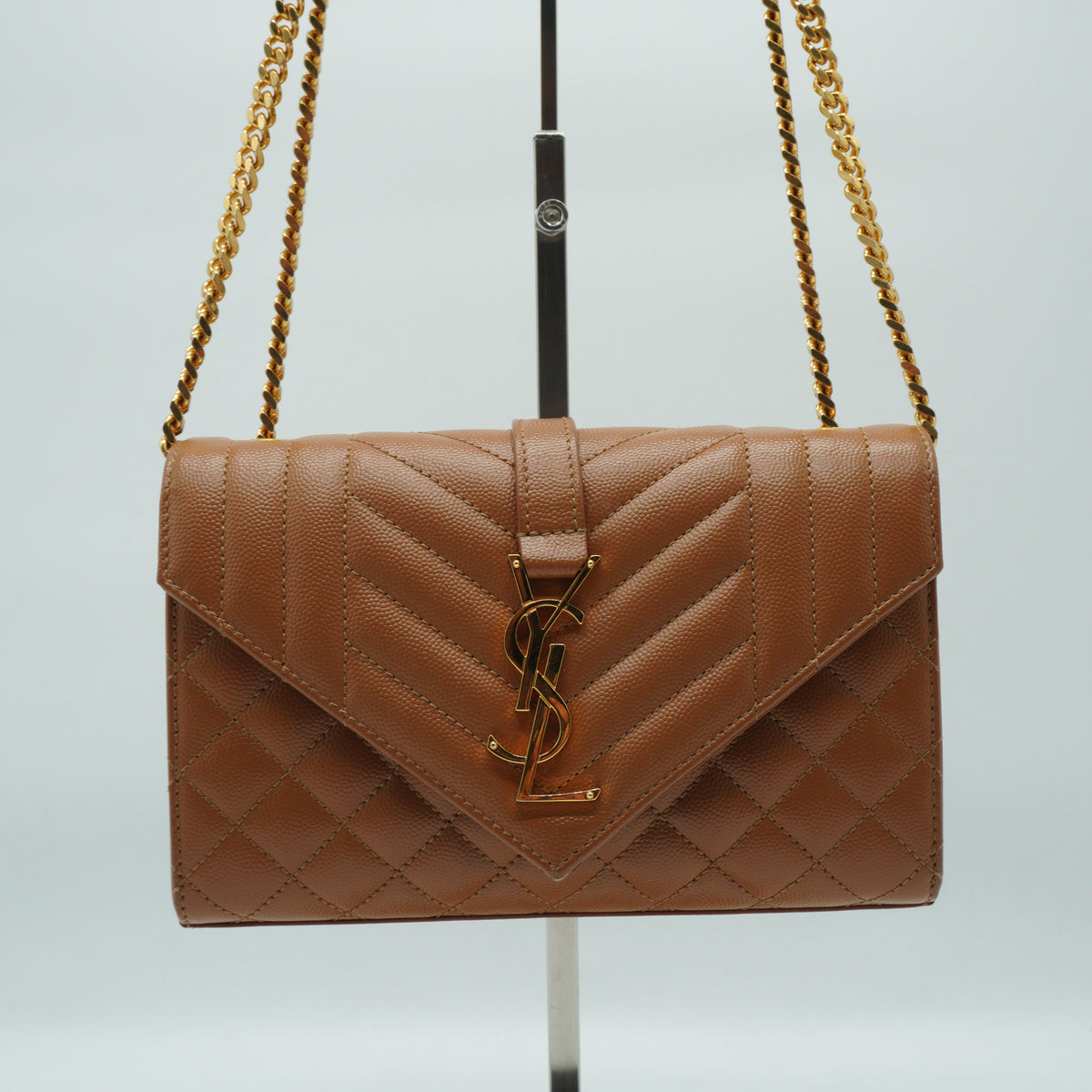 YSL	Cassandre Envelope Small Grained Leather Caramel GHW