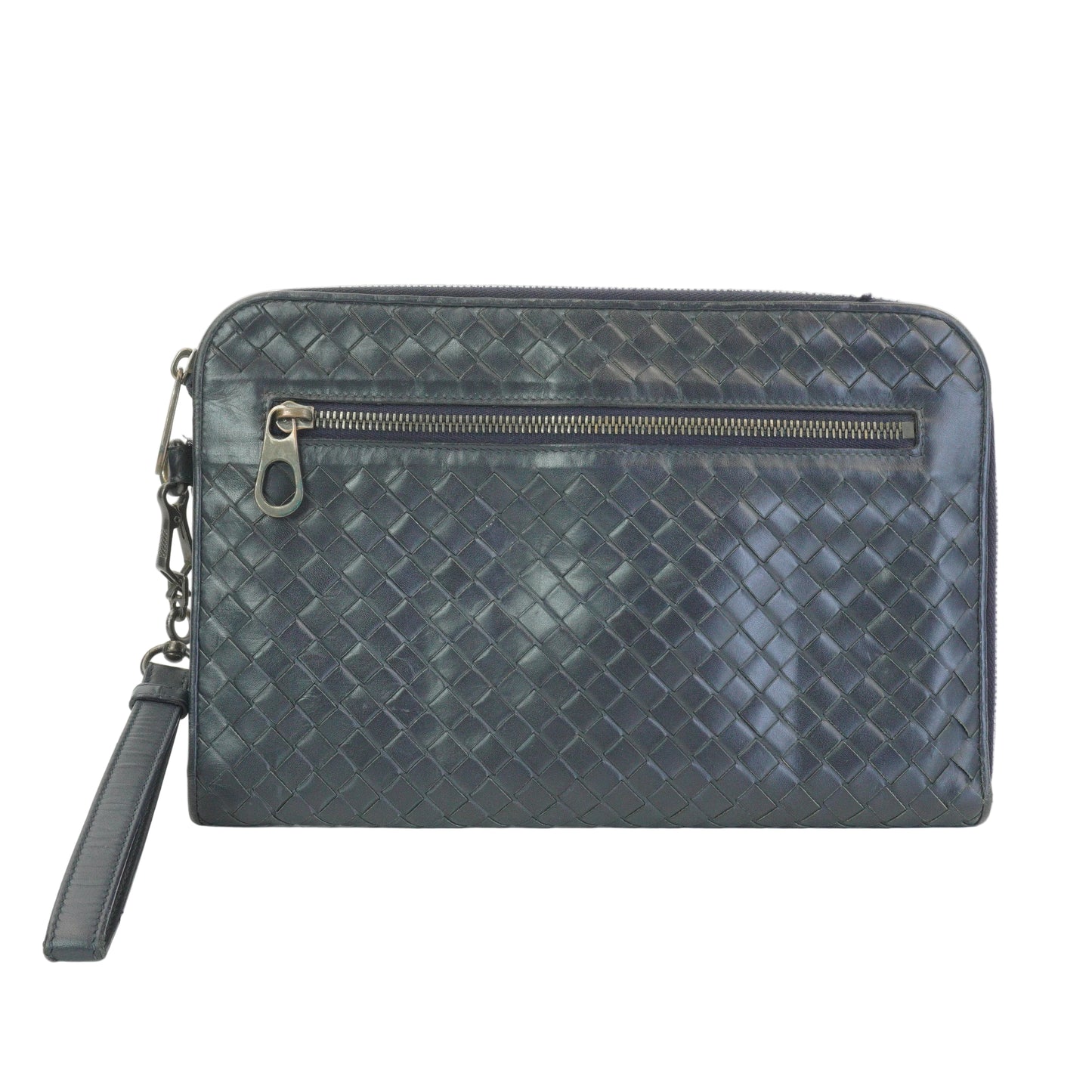 Bottega Veneta Intercciato Zip Clutch Dark Blue SHW  Medium