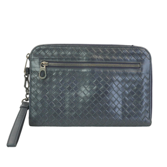 Bottega Veneta Intercciato Zip Clutch Dark Blue SHW  Medium