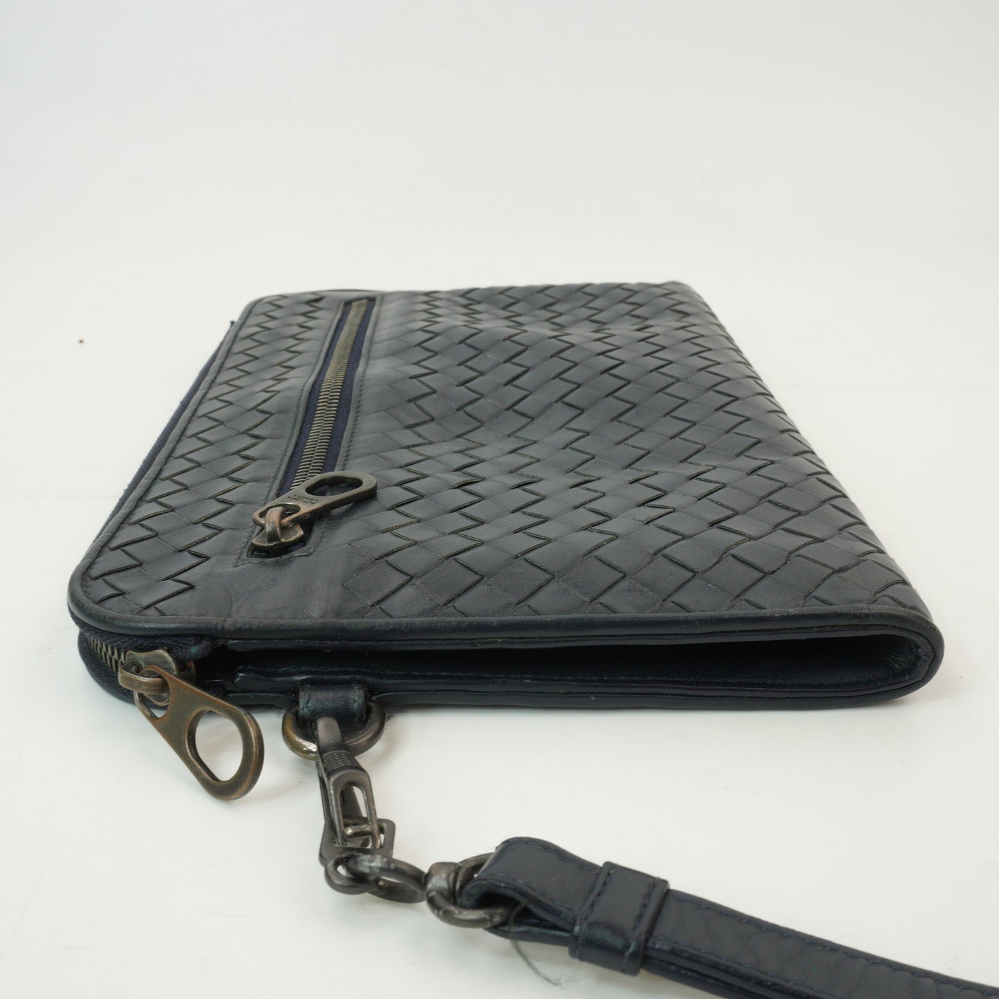 Bottega Veneta Intercciato Zip Clutch Dark Blue SHW  Medium