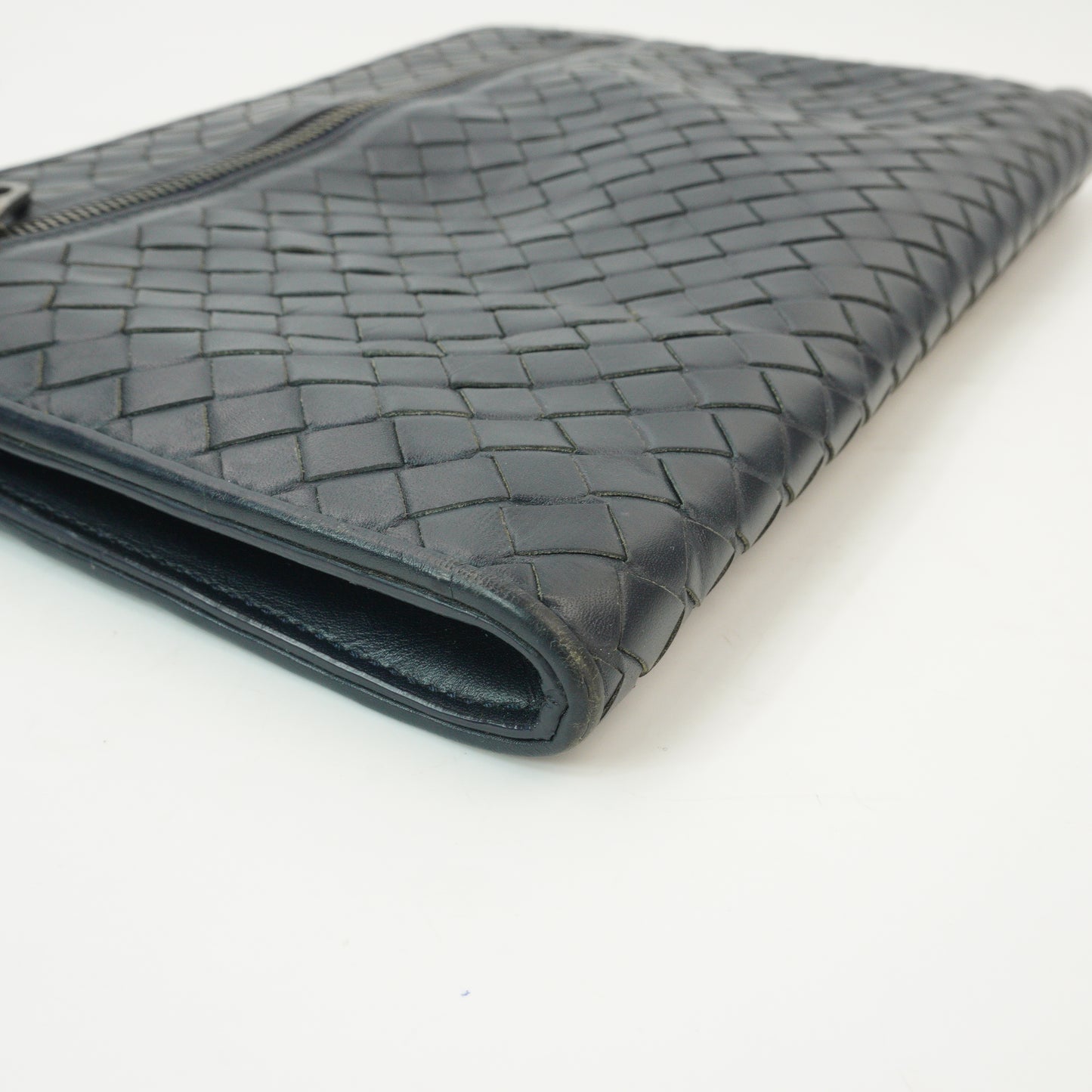 Bottega Veneta Intercciato Zip Clutch Dark Blue SHW  Medium